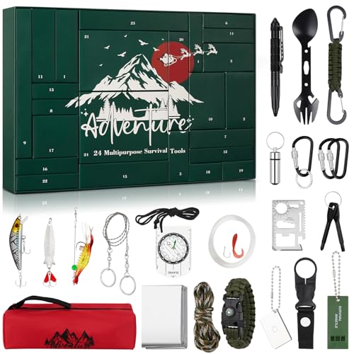 Miaikoe Survival Tools Adventskalender - 24 Tage Weihnachtsnachzählkalender mit Überlebenswerkzeug Männer Teen Boys Mann Wandern Camping Abenteurer