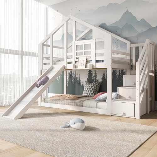 Mrwoo Kinderbett Hochbett 90 x 200 cm im Baumhaus-Design, Etagenbett für Kinder in Fensterbauweise mit Rutsche und Rausfallschutz, Treppe mit integriertem Stauraum, Lattenrost, Weiß (Ohne Matratze)