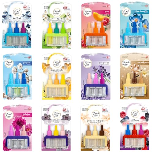 FRESH LINE® Duftstecker Nachfüller 3er Pack (3x7ml) – 3-Phasen-Wechsel – komp. zu 3VOLUTION – Lufterfrischer – 6 Düfte: Wildbeeren, Jasmin Limetten, Aprilfrisch, Goldene Orchidee, Vanille, Orchideen