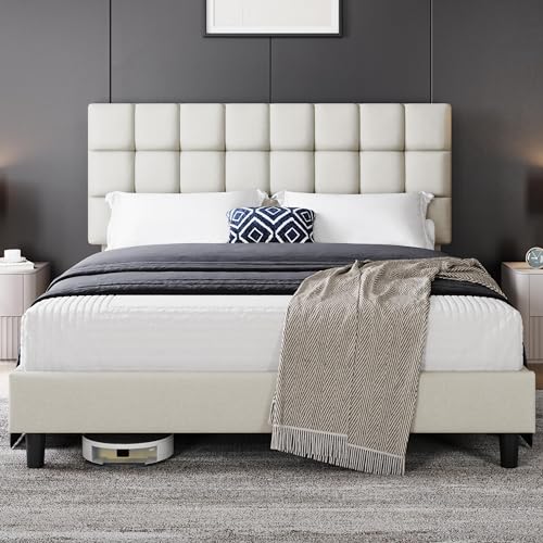 Yaheetech Polsterbett 160 x 200 cm Doppelbett mit Höhenverstellbarem Kopfteil, Stabiler Bettrahmen Stoffbett mit Lattenrost, Gepolstertes Bettgestell Bett, Beige