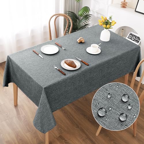 AooHome Tischdecke 140X220cm, Grau Leinen-Optik Tischdecken Abwaschbar Tischtuch aus Polyester Wasserabweisend mit Lotuseffekt, Dauerhaft Kratzfest für Wohnzimmer, Esszimmer, Balkon, Garten