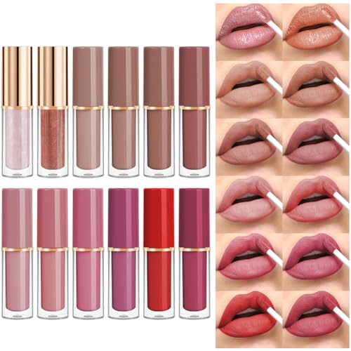 LOPHE Lippenstift Matt Set, 12 Stück Flüssiger Lippenstift Nude Lipstick, Waterproof Long-Lasting Lipgloss Set, Lip Gloss Makeup Gift for Women