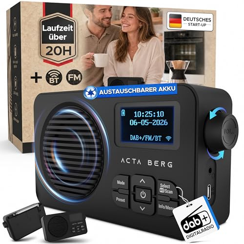 Acta Berg DAB Radio mit Akku 5000mAh austauschbar | Küchenradio mit BT 5.3 | DAB+/UKW-Radio | Digitalradio mit 80 Senderspeichern | Kleines, tragbares Radio mit Netzstecker | Wecker und Timer
