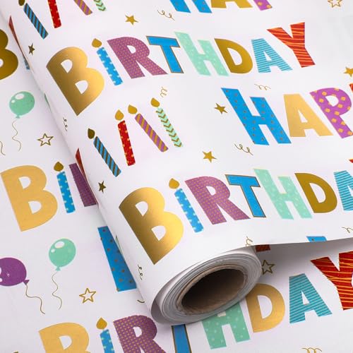 woric 43cm x 15m Geschenkpapier Geburtstag, Geschenkpapierrolle Happy Birthday für Kindergeburtstag Babyparty Mädchen Jungen Erwachsener Muttertag