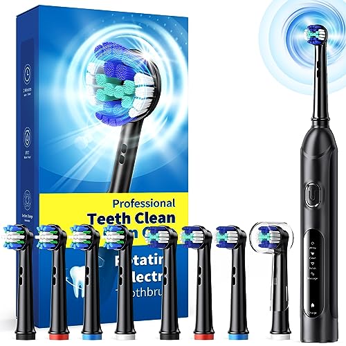 Rotierende elektrische Zahnbürste für Erwachsene mit 8 Bürstenköpfen (2 Typen), 4 Modi Deep Clean elektrische Zahnbürste mit 2m Smart Timer (1-Black)