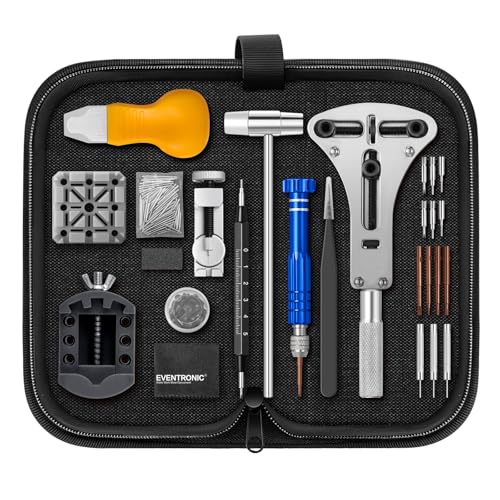 Eventronic 【Neu Upgraded】 Uhrenwerkzeug Set, Uhr Batteriewechsel Werkzeug Uhren Reparatur, Uhrmacherwerkzeug Set mit Uhrenoffner öffner, Schraubendreh, Federstegwerkzeug, Schwarze Nylontasche