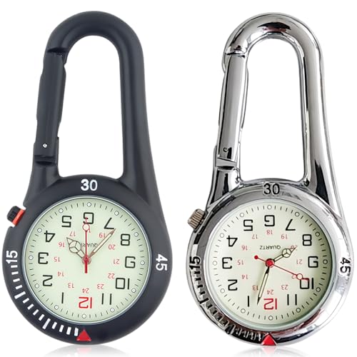 2 Stück Karabineruhr, Taschenuhr Mit Karabiner Befestigung, Wasserdichte Karabineruhren, Schwesternuhr, Leuchtendes Analog Quarz Uhr, Karabineruhr für Radfahrer Kletterer Rucksack, Silber+Schwarz