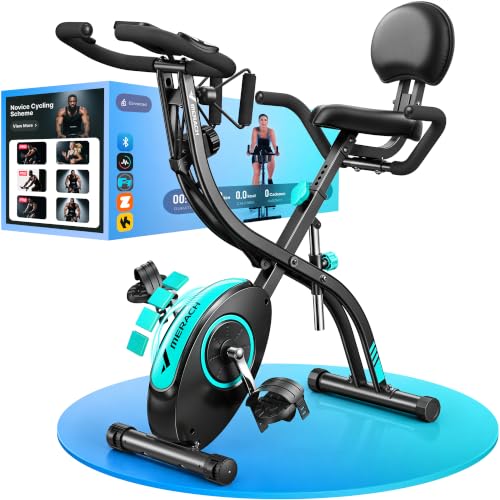 MERACH 4-in-1 Heimtrainer Fahrrad mit 16-Stufiger Magnetwiderstand &Eigener App, Leises Heimtrainer Klappbar mit Widerstandsbändern für Ganzkörpertraining, LCD-Monitor, Handpulssensoren, Komfortsattel