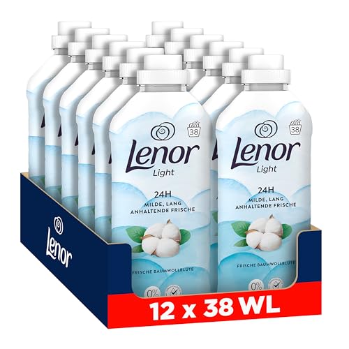 Lenor Weichspüler, 12x38 Waschladungen, Light Frische Baumwollblüte, 24H Milde Langanhaltende Frische