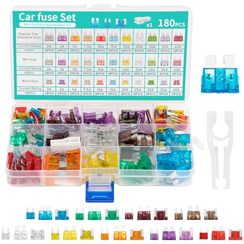 180 pcs Kfz Sicherungen Set, Auto Sicherungen Set, Micro sicherungen Auto, Mini Flachsicherungen, Standard, 1 Sicherungszieher-für PKW/Motorrad/Wohnmobil(2A-40A）