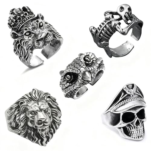 LIUYIDM 5 Stück Totenkopf-Herrenringe, Verstellbare Retro Punk Rock Schädel Herrenring, Edelstahl Schlange Gothic Ring Set, Totenkopf Schmuck Löwenringe für Männer (A)