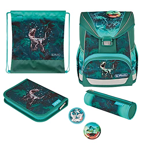 Herlitz Schulranzen Set 6-teilig Green Rex Ergonomische Ultraleichte Schultasche 1.Klasse Junge Mädchen Kinder 16 L