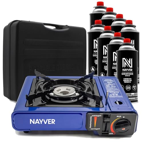 NAYVER© Gaskocher Set inkl. 8 MSF-1 Gaskartaschen & Koffer – Campingkocher Notfallkocher (Campingkocher mit 8 Gaskartuschen)