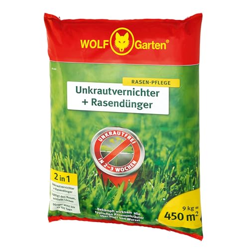 WOLF-Garten 2-in-1: Unkrautvernichter + Rasendünger SQ 450 (Rasendünger und Unkrautvernichter, wirkt über Blätter und Wurzeln, Wirkung bis zu 100 Tagen, ausreichend bis 450 m2) 3840746