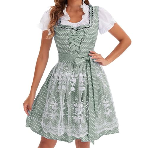 GWAWG Dirndl Damen Oktoberfest Dirndlkleid, Trachtenmode mit Trachtenbluse Spitze Midi Rock Schürze, Wiesn Outfit Trachtenkleid Volksfest Grün Weiß (DE/NL/SE/PL, Alphanumerisch, XL, Regular, Regular)