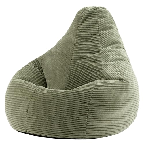 Icon Dalton Sitzsack Cord, Salbeigrün, Gaming Sitzsack Erwachsene mit Füllung, Bean Bag, Cord Sessel, Lounge Sessel, Lounge Stuhl, Schlafzimmer, Wohnzimmer, Wohnzimmer Möbel