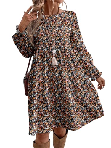 GORGLITTER Damen Kleid Kurz Herbstkleid Elegant Blumenkleid Blusekleid Locker Boho Kleider Langarm Freizeitrock Herbst Urlaub Ourfit Orange L