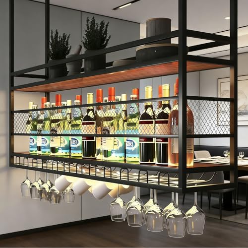 amhricho Deckenregal Weinregal, 2-Lagiger Industrieller Hängender Weinflaschenhalter mit Glashalter, Metall-Deckenregal für Bar Café Küche (BLACK, 80 * 30 * 50+40CM)