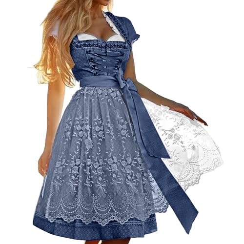 Generisch Dirndl Midi Damen Trachtenkleid Trachtenmode Dirndlkleid Trachtenrock Kleid für Bayrische Oktoberfest mit Spitzenschürze S-5XL