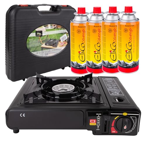 CampSup Campingkocher 2in1 Gas Set – Gaskocher mit Piezozündung, 2500 W, für Kartusche & Gasflasche, inkl. 4 x Gaskartusche 393 ml/220 g (MSF-1a), Tragekoffer & Windschutz