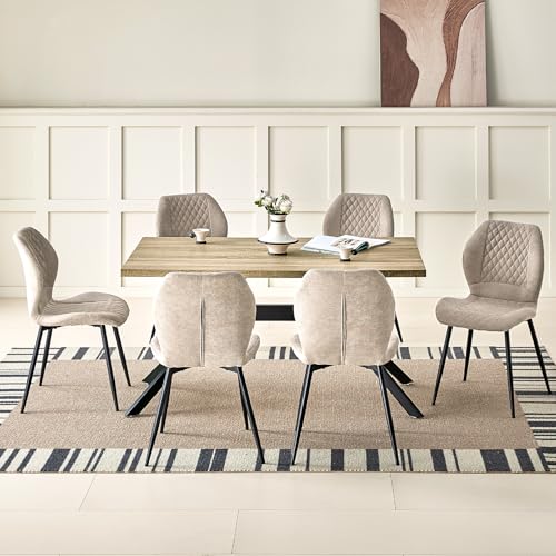 JIJIAN Essgruppen mit Heller Holz Esstisch und 6 Brauner Stühle, Rechteckiger Esstisch in 140 x 80 x 76 cm mit 6 Ergonomischer Design Leinen Esszimmerstühle, für Esszimmer, Küche, Wohnzimmer
