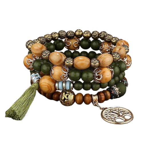 LICHUANUK Boho 4 Stück Armbänder Holzperlen Quaste Armband, Chakra Armband für Frauen, Natürliches Kristall heilsteine armband, Frauen Baum des Lebens Charm Statement Armreifen, Grün