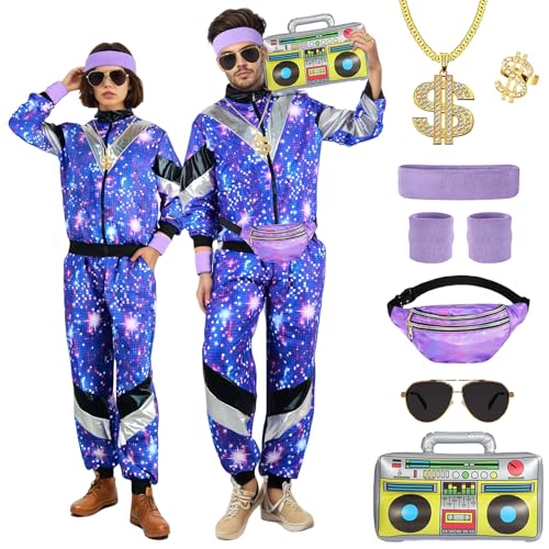 80er 90er Jahre Outfit Herren Damen, 80s Kostüm Tracksuit Sportbekleidung, Trainingsanzug Jogginganzug Outfit für 80er Jahre Outfit Herren 80iger Schlagerparty Bad Taste Outfit Faschingskostüme