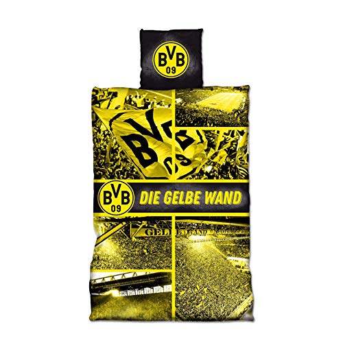 Borussia Dortmund BVB-Biber-Bettwäsche , 3 Stück , Gelbe Wand (155x220cm)