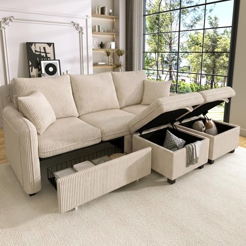 Merax Modulares 3-Sitzer Sofa-Set, Ecksofa in L-Form & U-Form mit 2 Stauraum-Hockern, Couch mit 2 Schubladen, Flexibel kombinierbare Wohnlandschaft aus Chenille, Beige