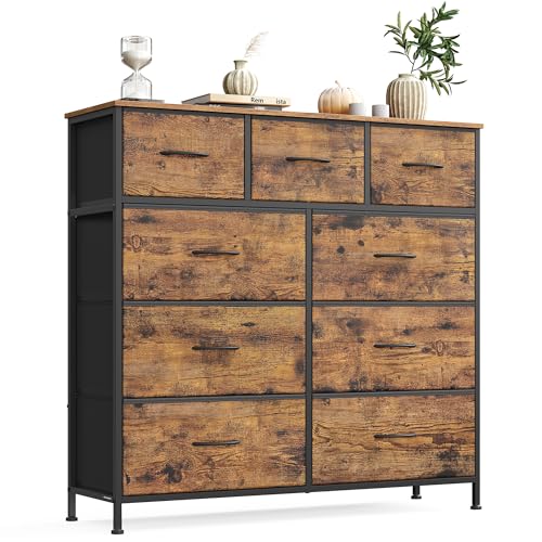 SONGMICS Kommode, Schrank, 9 Stoffschubladen, Aufbewahrungsschrank, Stahl, MDF, Vliesstoff, für Schlafzimmer, Flur, Wohnzimmer, vintagebraun-tintenschwarz LGS324BH04