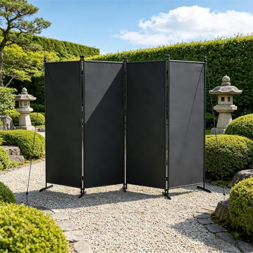 UISEBRT Paravent Outdoor wetterfest mit Heringen und Abspannleinen,mobiler sichtschutz,Klappbar Freistehend Trennwand ohne Bohren für Garten Balkon terrasse,Dunkelgrau 4 Teilig 200 x 180 cm