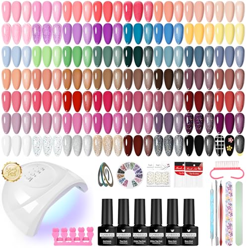 VANREESA Gel Nagellack Set, 55 Farben U V Gel Nagellack Kit mit 48W U V/ LED Nagellampe Braun Lila Blau Grün Nägel Starterset Maniküre Starter Set Gelnägel Selber Kit Geschenk für Frauen
