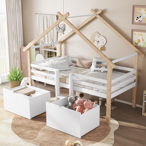Merax Kinderbett 90x200cm, Hausbett mit 2 Schubladen & Kleine Leiter, Holzbett mit Rausfallschutz, Dach & Lattenrost, Stabiles Bettenhaus mit Vierseitiger Zaun, Halbhohes Bett für Mädchen/Jungen, Weiß