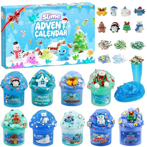 Schleim Adventskalender 2026 für Kinder,24-Tage-Countdown Slime Weihnachtskalender Kinder,12 Stück Weihnachten Überraschungen Geschenk Schleim Kit für 3 4 5 6 7 8 9 10 11 Jahre Jungen Mädchen (Blau)