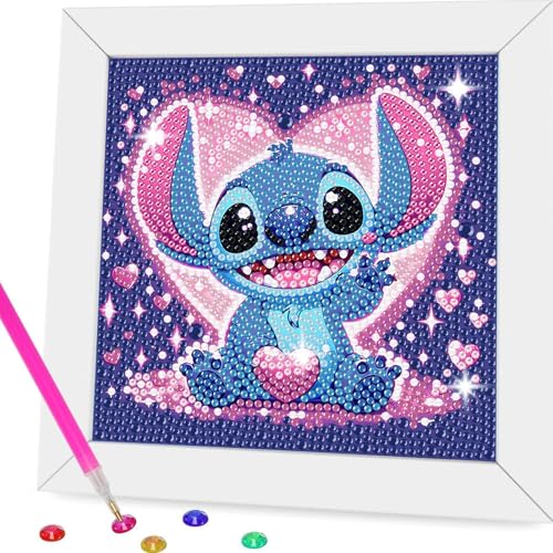 CLYCTIP 5D Diamond Painting Children with Frame, DIY Stitch Diamond Painting Set, Diamond Painting Boys and Girls Adults, Pictures Arts Craft for Home Wall Decor Cartoon Mosaic Making