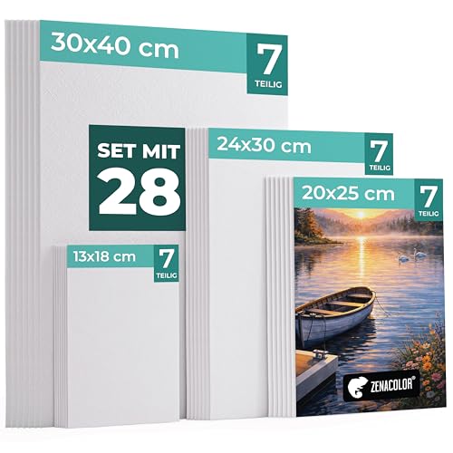 Zenacolor Leinwand Set 28 Stück - Leinwand Zum Bemalen Groß - Canvas Multi-Größen 30x40 (A3), 24x40(A4), 20x25 & 13x18 - Perfektes Leinwände Set für Erwaschsene, Künstler und Kinder