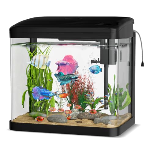 Aquarium Komplettset, Ambesty 15L Nano Aquarium Stabiles Einsteigerbecken mit LED-Beleuchtung und Eingebautem Filtersystem,4-in-1 Smart Aquariums für Fisch, Aquariu Becken stoßfest,Schwarz