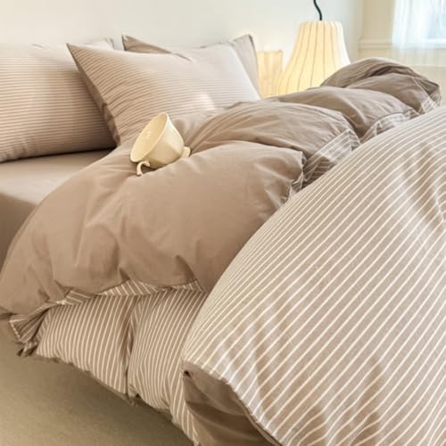 Nesture Bettwäsche 135x200 Baumwolle Beige Streifen - Bettwäsche-Sets 100% Gewaschene Baumwoll mit Stone-Washed Leinen-Optik, Enthält 1 Bettbezug 135 x 200cm und 1 Kissenbezug 80x80 mit Reißverschluss