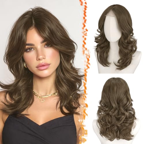 BARSDAR Kurze Gewellte Licht Braun Perücke, Schulter Lange Braun Perücken für Frauen Kurze Lockere Wellen Layered Perücke mit Face-Framing Curtain Pony Weiche Synthetik Natürlich Aussehend Perücken