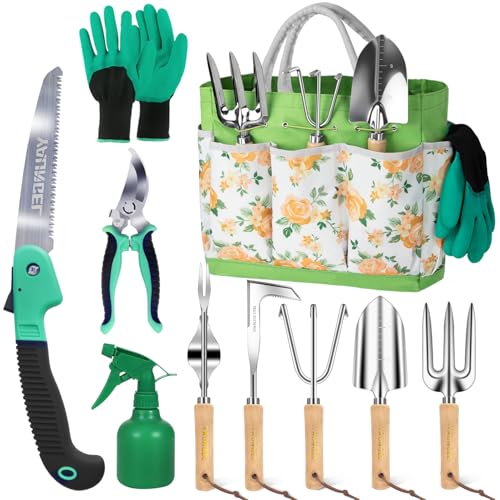 YAUNGEL Gartenwerkzeug Set, 10 Stück Schwerlast Edelstahl Gartenarbeit Kit, Gartengeräte Set mit Non-Slip Holzgriff- Garten Geschenke Verpackung für Frauen Männer