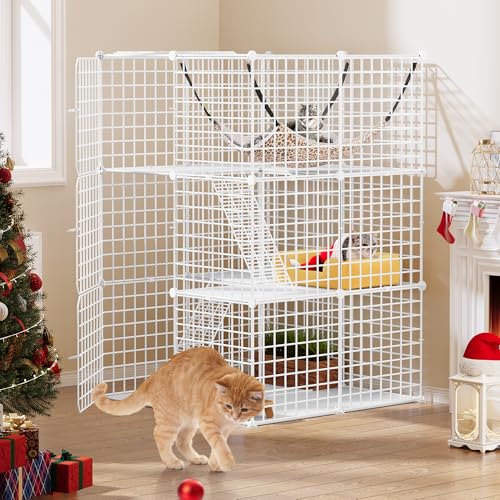 YITAHOME Katzenkäfig für den Innenbereich, 3-stöckig, DIY-Katzenlaufstall, Katzenhütte mit extra großer Hängematte für 1–2 Katzen, Frettchen, Chinchilla, Kaninchen, kleine Tiere, 72x72x107cm, Weiß