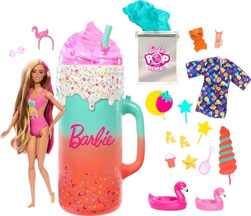 BARBIE Pop Reveal Rise & Surprise Geschenkset - über 15 Überraschungen, inklusive 1 Barbie-Puppe, Strandzubehör, für fruchtig-frechen Spielspaß, für Kinder ab 3 Jahren, HRK57