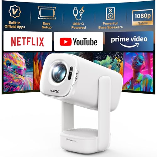 Aurzen D1 air Smart Beamer mit Netflix, 16W Dolby Audio, Beamer Outdoor 1080P mit HDR10 & 4K-Unterstützung, 180° Drehbar Mini Tragbarer Projektor mit USB-C PD, TOF-Autofokus, Trapezkorrektur, Weiß