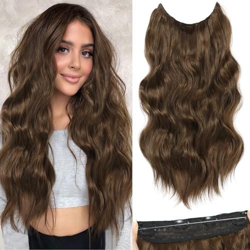 BUPPLER Haarverlängerung 50,8 cm Invisible Secret Hair Extensions Verstellbare Lange Gewellte Haarextension Synthetisches Upgrade 4 Sichere Clips in Haarteilen,Mittleres Braun