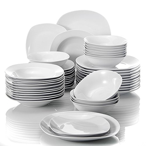 MALACASA Geschirrset 12 Personen, Serie Elisa 48-teiliges Teller Set, Tafelservice mit 12 Suppenteller, 12 Kuchenteller, 12 Speiseteller & 12 Müslischale, Porzellan Kombiservice in Hellgrau weiß