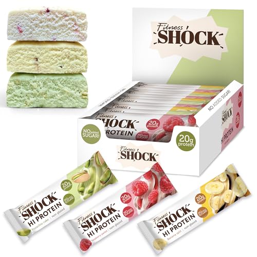 FitnesSHOCK High Proteinriege Mixbox mit hohem 20g Proteingehalt Eiweißriegel ohne Zuckerzusatz kalorienarm low carb ballaststoffreich Sorten: Pistazien, Banane und Himbeere Geschmack 12Stk 60g