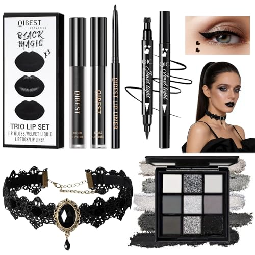 Gothic Makeup Kit,6er Smokey Schminke mit 9 Farbe Lidschatten Palette,Schwarz Matt Lippenstift,Lipliner,Lipgloss,Eyeliner,Halskette,für Karneval Fasching Halloween Mottoparty