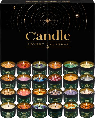 Adventskalender Duftkerzen 2026, 24-Tage-Weihnachts-Countdown für Frauen | 100 % Natürliches Sojawachs, Trockenblumen & Naturkristalle, 24 Düfte, Positive Affirmationen, Selbstfürsorge & Achtsamkeit