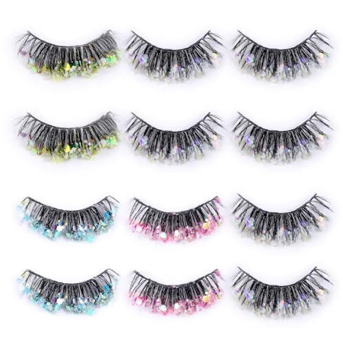 6 Paar künstliche Wimpern, falsche Wimpern mit Pailletten, Nachtleuchtend, 3D Curl, Wispy Lashes, Bunt, 12-16mm Breite, 34mm Länge
