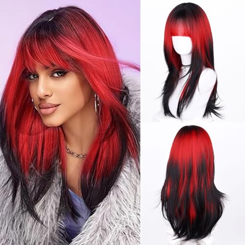 Wepwcod Lang Gerade Ombre Rot Perücken mit Pony für Frauen Perücken Synthetische Haare Perücke für den täglichen Gebrauch & Pa